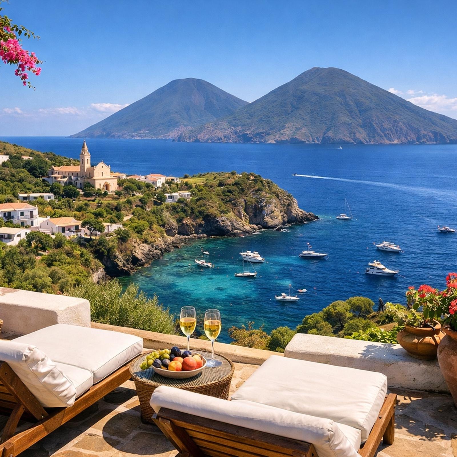 Barca a vela ormeggiata davanti alla baia di Pollara a Salina, Isole Eolie